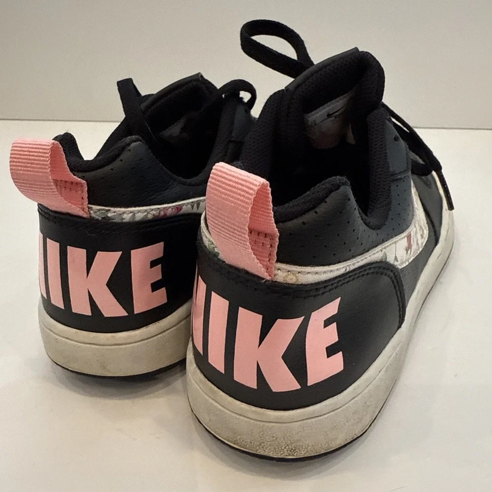 Nike Court Borough Black White Floral Leather Sneakers 7Y Youth Lace Up Tie Shoe